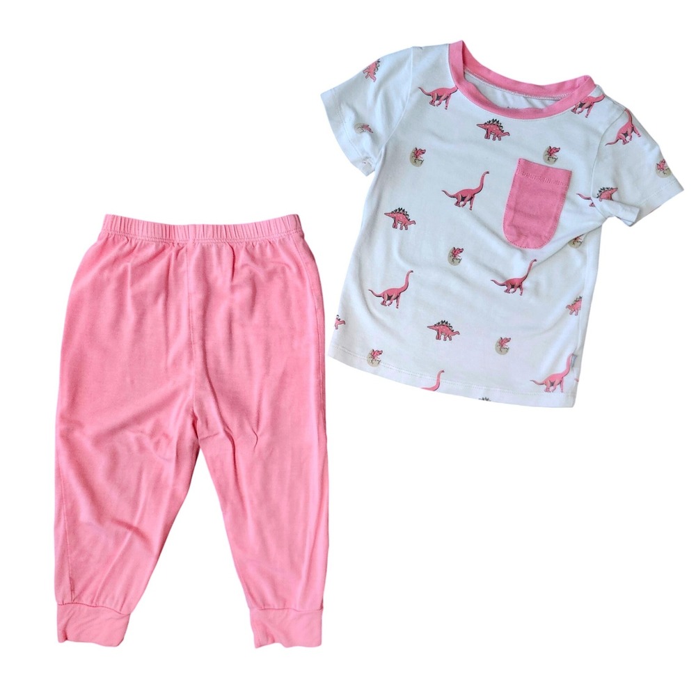 Kyte BABY Rose Jurassic Bamboo Pink Dinosaur Pajama Set Pocket Tee & Joggers‎